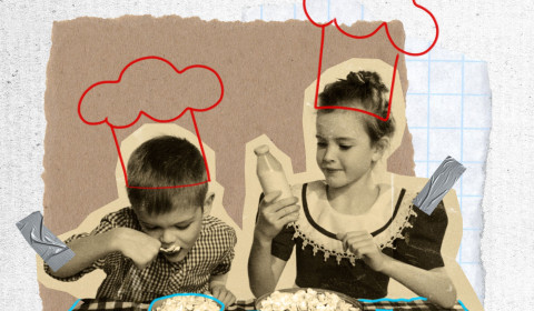 Collage art featuring a vintage monochrome photo of two young children eating cereal at a table, with red hand-drawn chef hats outlines floating above their heads.