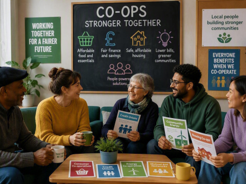 A group of 5 people sitting around a table holding small posters