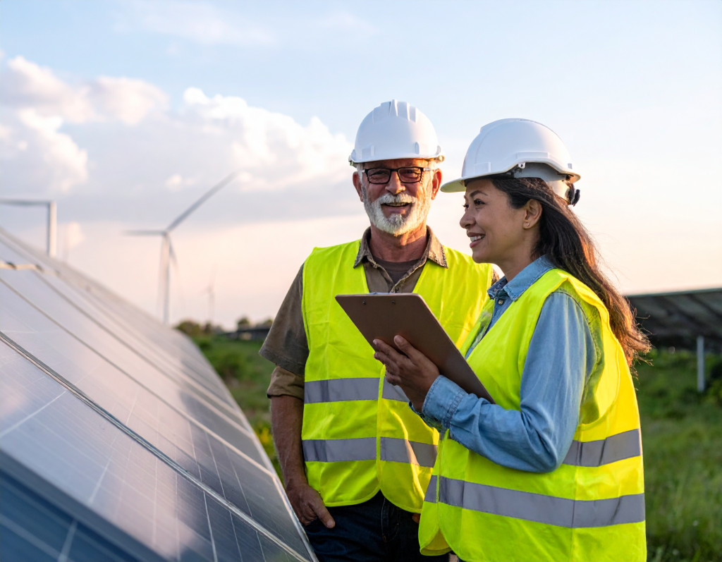 Photograph of a man and a woman at a solar and wind farm