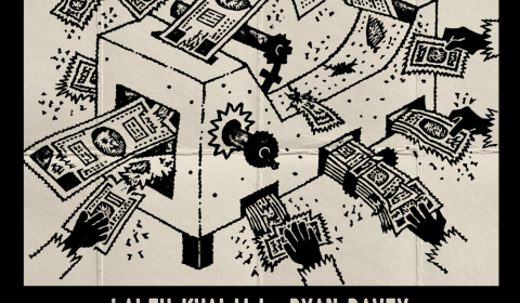 Black and white event poster showing illustrated money being exchanged around a box, with live recording details for “after the lecture”.