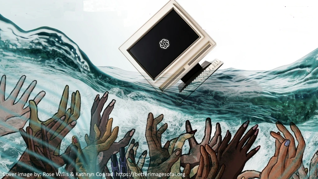 Multiple hands under water reaching out for a computer.