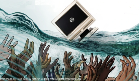 Multiple hands under water reaching out for a computer.