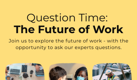 A yellow background with the event title and brief description. A triptych of images runs along the bottom including a birds-eye view of laptop workstation, a medical worker giving a patient a check up, and construction worker in action.