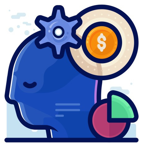 Illustrated icon of a blue human head silhouette in profile facing left, overlaid with a cogwheel, a coin featuring a dollar symbol, and a pie chart in pink and green. The image uses shades of blue, orange, pink, and green to represent business, finance, d