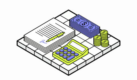 Illustration of a stack of papers with a pen, a calculator, banknotes and piles of coins, representing budgeting, finance and financial calculations.