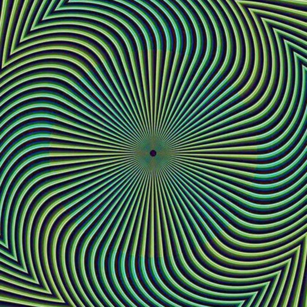 Green optical illusion with black lines, first moving in an arrow shape clockwise, then curving in towards the centre, where they blur together