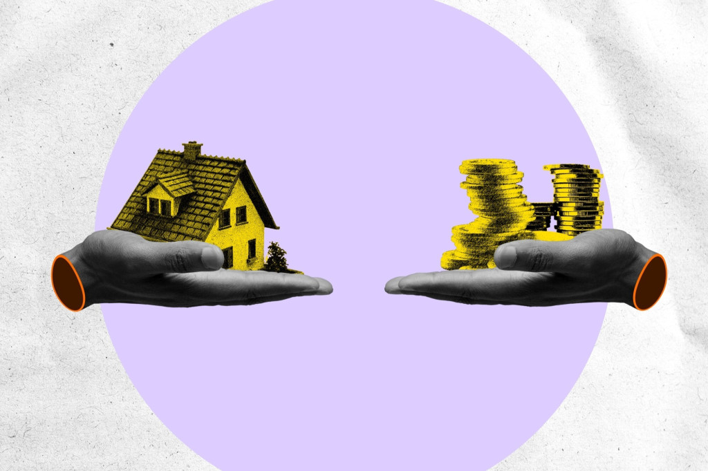 Collage art featuring two open hands set against a light purple circle; one hand holds a yellow miniature house and the other holds stacks of yellow gold coins.