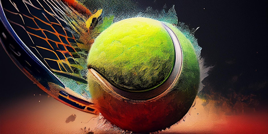 A tennis racket with a tennis ball.