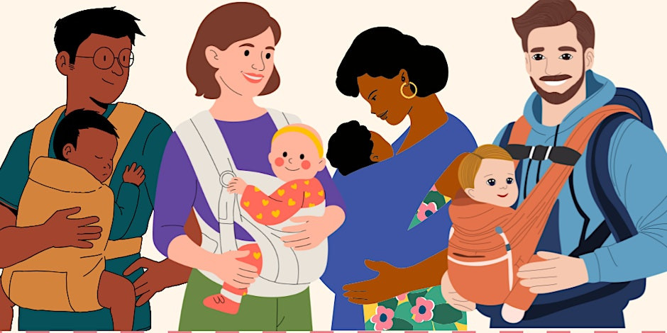 Image shows 4 parents carrying babies using a slling