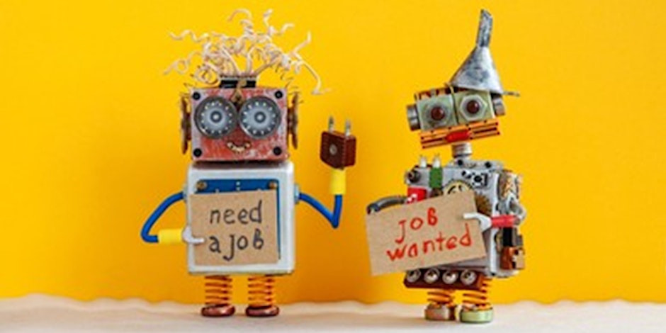 Two robots standing together with need a job and job wanted signs.