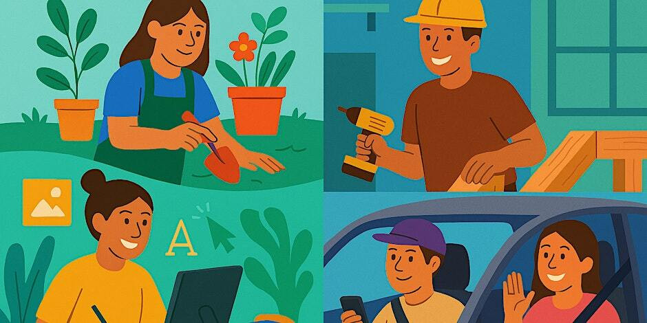 A collection of animated pictures featuring young people driving, gardening, doing construction and working on a computer.