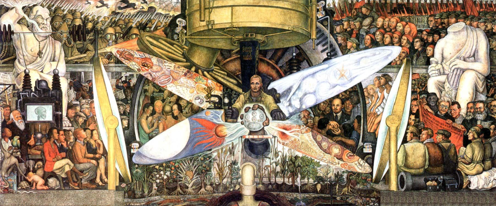 Fresco “Man at the Crossroads” by Diego Rivera, showing allegorically the technological progress of humanity caught between conflicts of ideology, class and geopolitics.