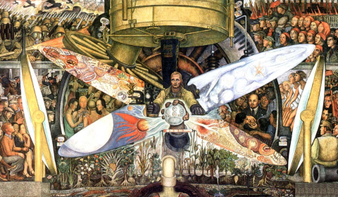 Fresco “Man at the Crossroads” by Diego Rivera, showing allegorically the technological progress of humanity caught between conflicts of ideology, class and geopolitics.