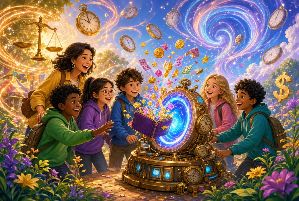 Colourful illustration of children and a parent exploring a friendly time machine with a glowing clock and floating money