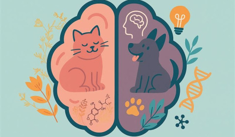 colourful graphic showing a brain with a cat and dog