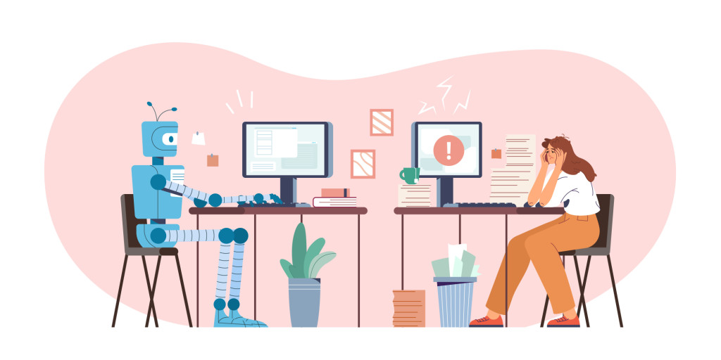 Image of a robot and a person sitting at computers. image by redgreystock on freepik.