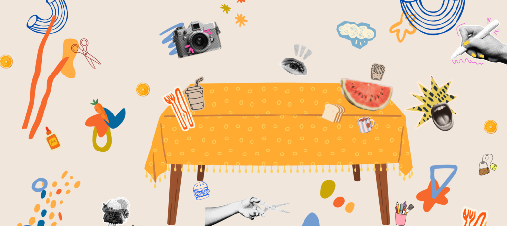 A dinner table displaying cut-out pictures of food and drinks, alongside scissors, demonstrating the process of making a collage.