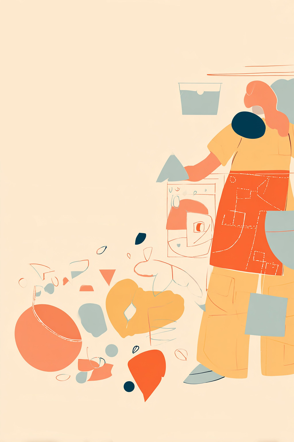Image in muted yellow, orange and blue, showing a person in an apron with abstract items tumbling out of a washing machine