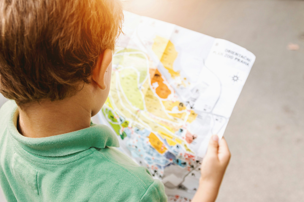 A boy looking at a map.
