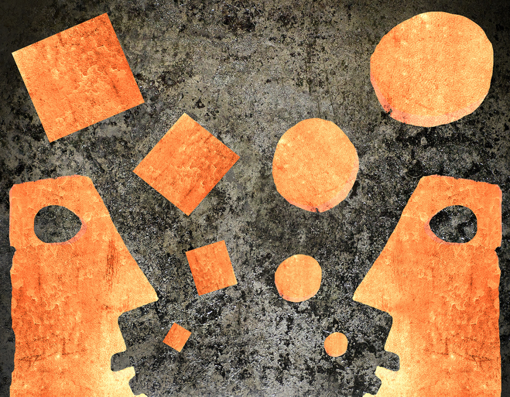 Two Orange talking heads with squares and circles between them