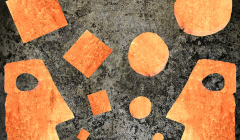 Two Orange talking heads with squares and circles between them