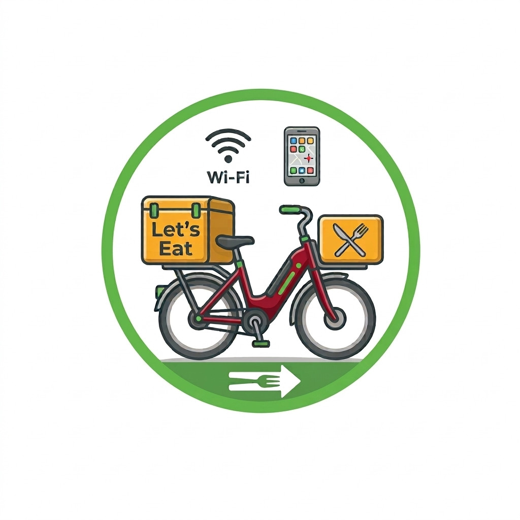 Image of a delivery bike logo with the words Let's Eat
