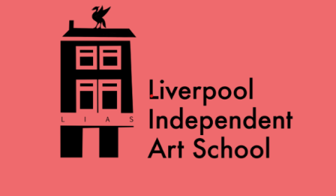 The logo of LIAS. A red background with black image of a liver bird on top of the silhouette of a house and a shadow underneath. Text reads LIAS, Liverpool Independent Art School.