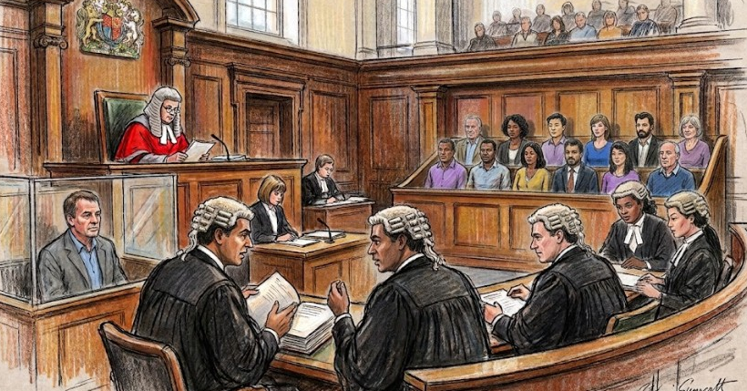 A digitally painted video of lawyers talking in a courtroom, with the judge, jury and defendants sitting around them.