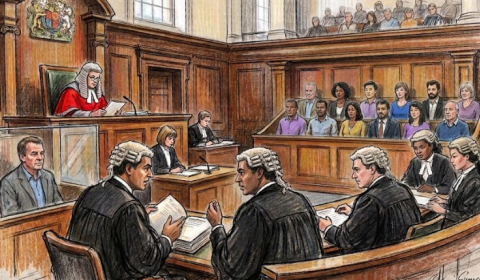 A digitally painted video of lawyers talking in a courtroom, with the judge, jury and defendants sitting around them.