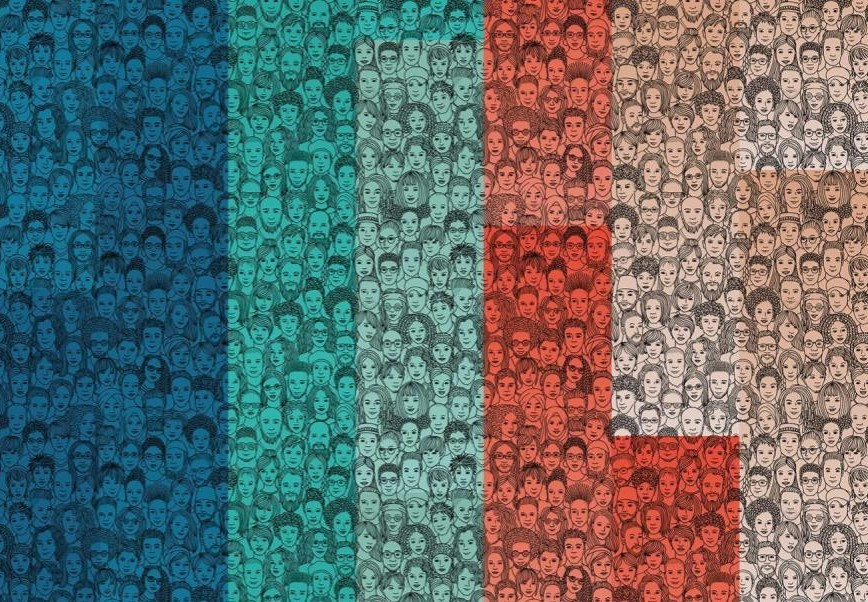 Line drawings of the faces of a diverse crowd of people, against a background of varying shades of blue, teal, orange, and beige
