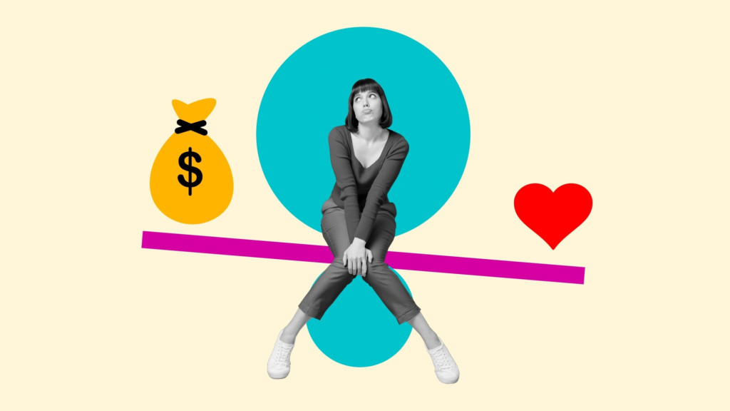Collage art of a pensive woman sitting in the centre of a see-saw, balancing a yellow money bag with a dollar sign on one side and a red heart icon on the other