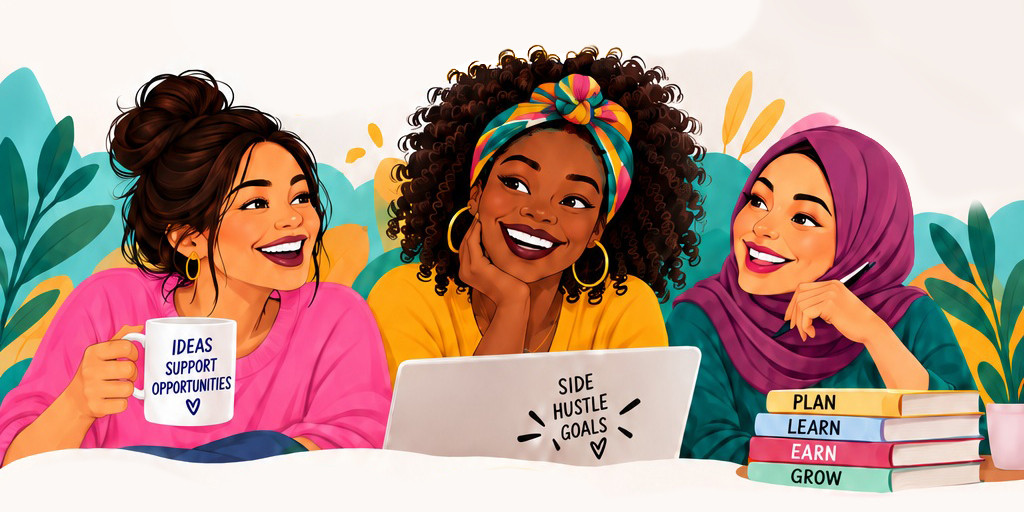 Digital illustration of three women of different ethnicities chatting over coffee and books about learning and growth