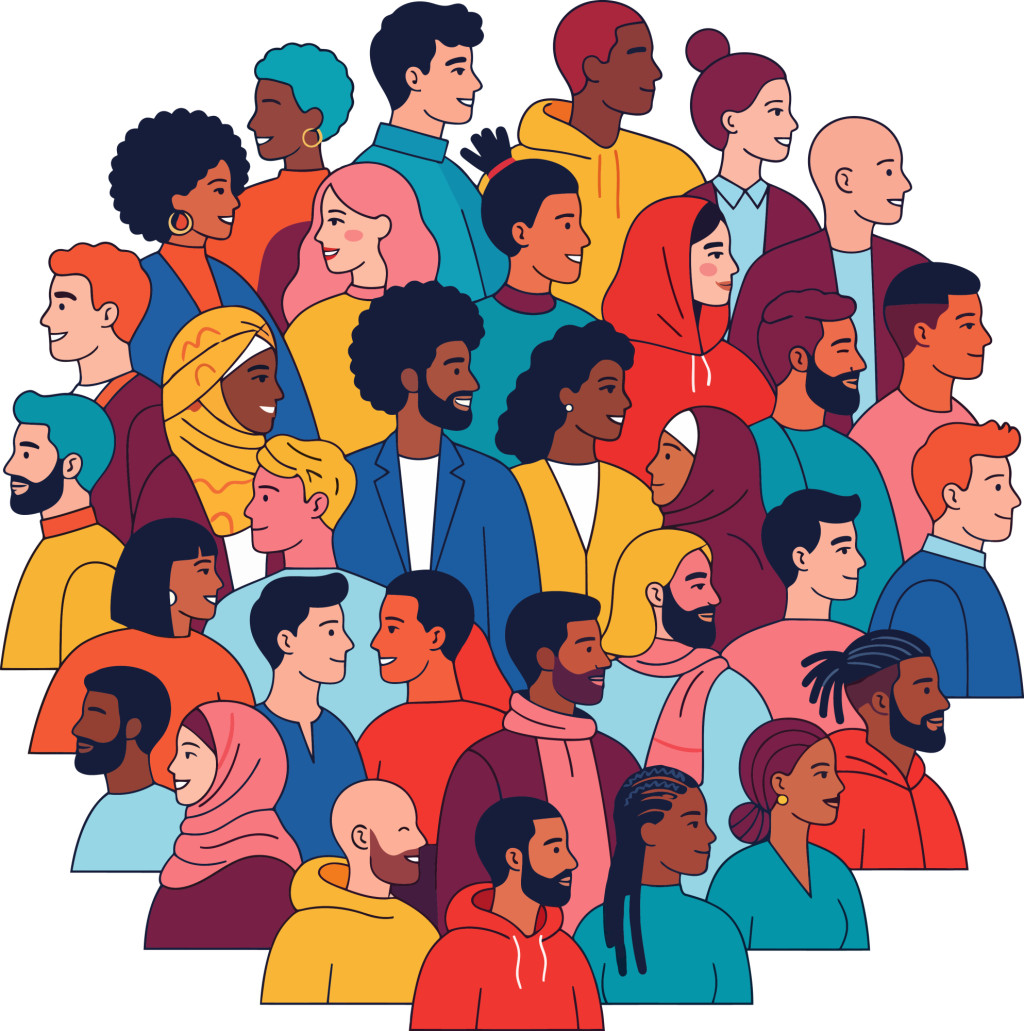 This is a colourful, stylised illustration showing a large and varied group of people gathered together. The image is composed of dozens of individual figures arranged closely in a cluster against a plain light grey background.