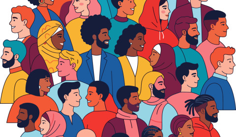 This is a colourful, stylised illustration showing a large and varied group of people gathered together. The image is composed of dozens of individual figures arranged closely in a cluster against a plain light grey background.