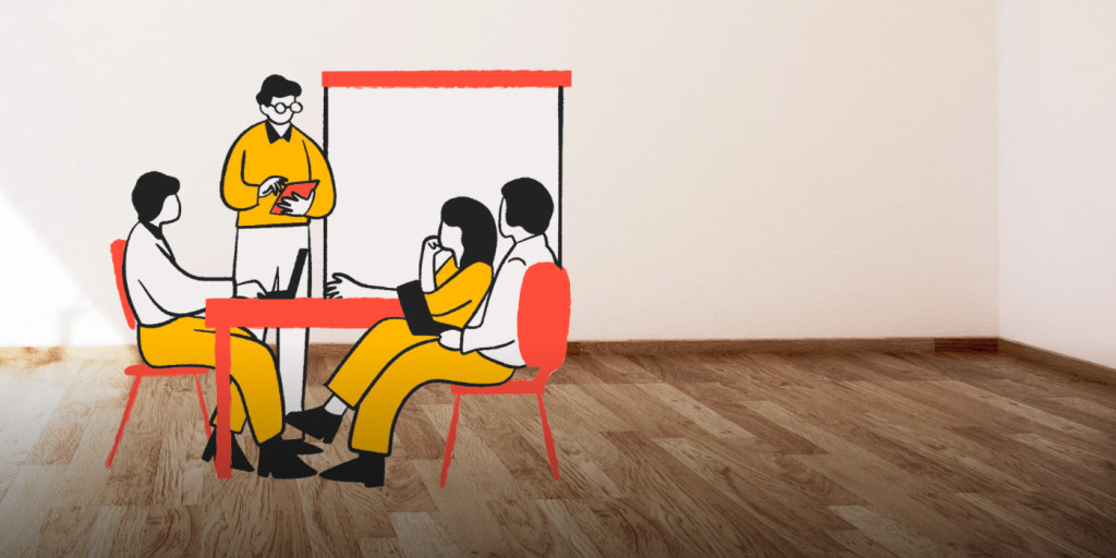 Animated image with 3 people sitting at a table and one person standing at the right hand side. On the left hand side is wiring in red in Irish 'An Ghaeilge agus na hEolaiochtai Soisialta' which means 'The Irish Language and Social Sciences'