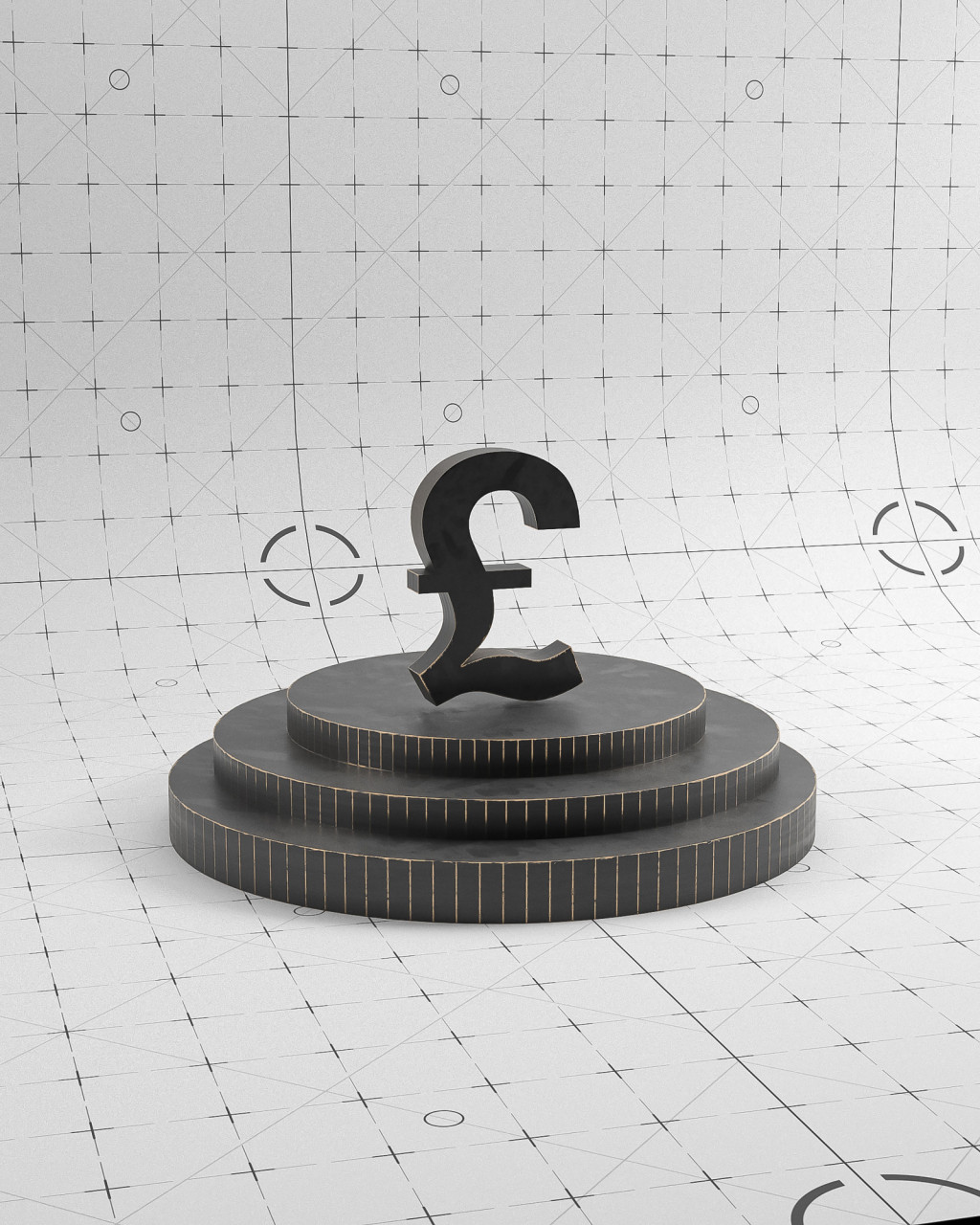 Black pound sign on a tiered circular platform against a grey grid background.