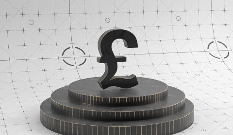 Black pound sign on a tiered circular platform against a grey grid background.