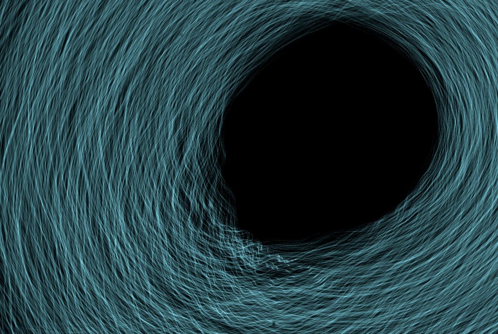 Image of people and a white rabbit looking into a magical rabbit hole filled with a swirling mix of objects