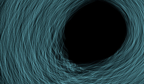 Image of people and a white rabbit looking into a magical rabbit hole filled with a swirling mix of objects