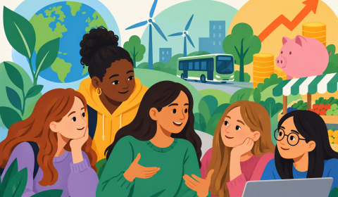 Illustrated image of three people sitting around a table discussing budgeting and future planning, surrounded by posters and graphics about inflation, the cost of living, saving money, and sustainable choices. The table includes notebooks, a budgeting char