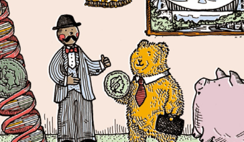 piggy bank, bear holding a coin
