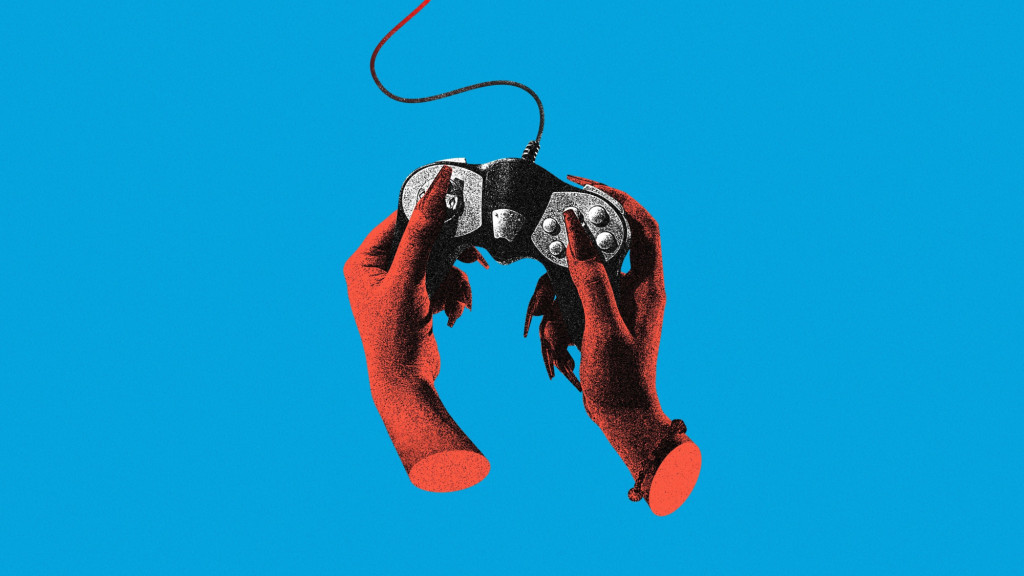 Collage art featuring red-tinted hands holding a video game controller with a connected cable, centred against a bright blue background.