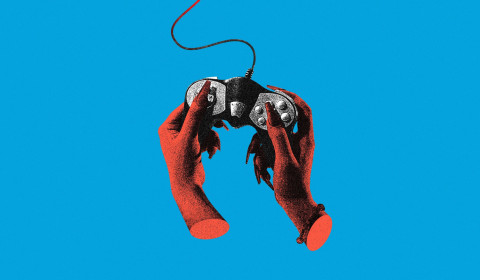 Collage art featuring red-tinted hands holding a video game controller with a connected cable, centred against a bright blue background.