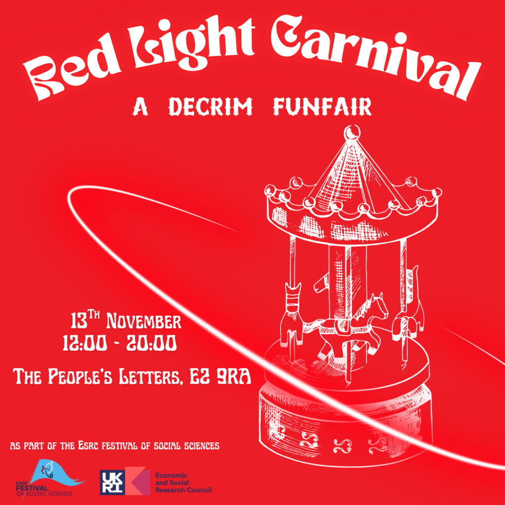 Red light carnival poster in red with a picture of a vintage carousel in white