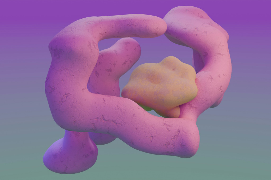 Image of a pink abstract shape that looks like the gut on a purple and grey background