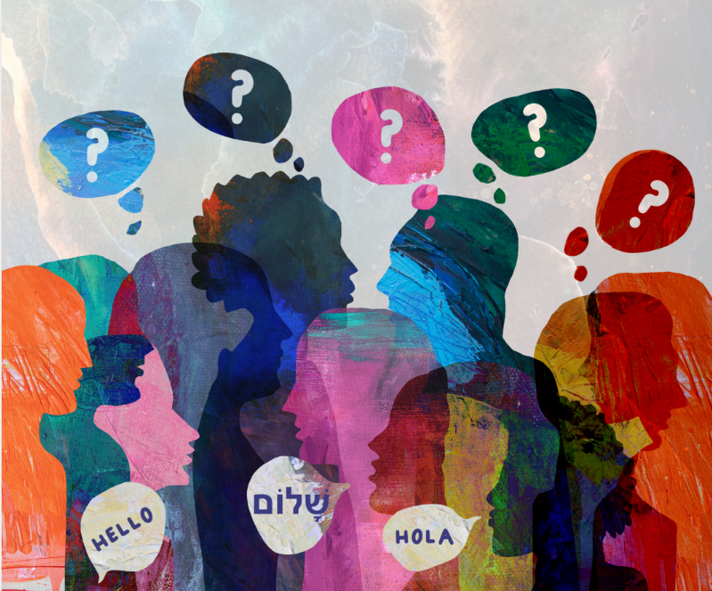 Colourful Silhouettes of people with speech and thought bubbles around them