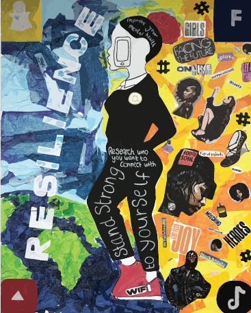 A painted image of a girl standing up, who is surrounded by colourful images relating to social media, strength and female empowerment.