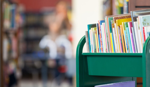 Photograph of books on a trolley in a library