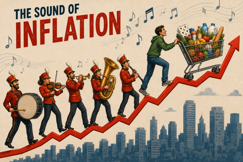 Illustration of musicians and a shopper with a full trolley moving up a rising red arrow, with the text “The Sound of Inflation”.