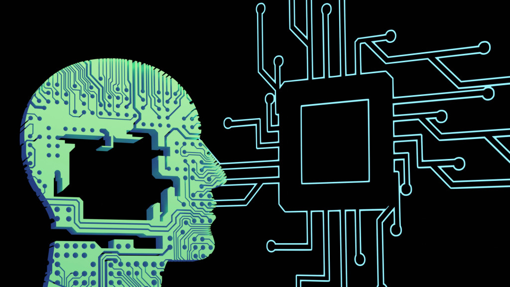 A stylised graphic of a human head with the pattern of a computer chip on it, looking towards more digital circuitry. Credit: Steve Johnson at Unsplash.